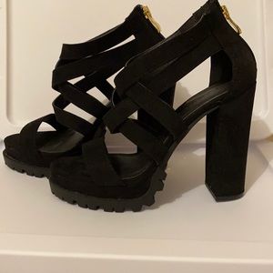 Faux suede black open toe cris cross style high heel shoe